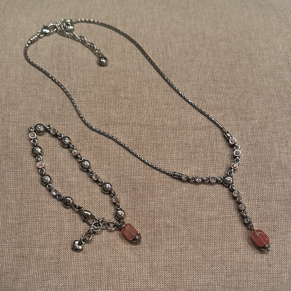 Brighton Silver Necklace and bracelet set  with Pink Crystal  Details